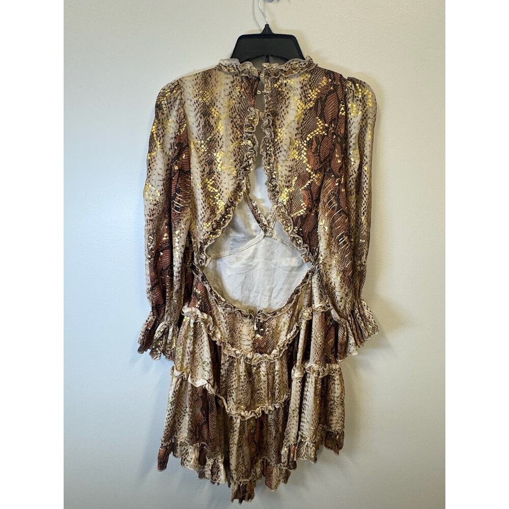 Akira Snake Print Tiered Ruffle Mini Dress Metallic Gold Shimmer Long Sleeve S - Picture 5 of 8